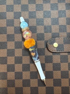 Decorative Pom Pom and Bead Ballpoint Pen - Blue and Orange